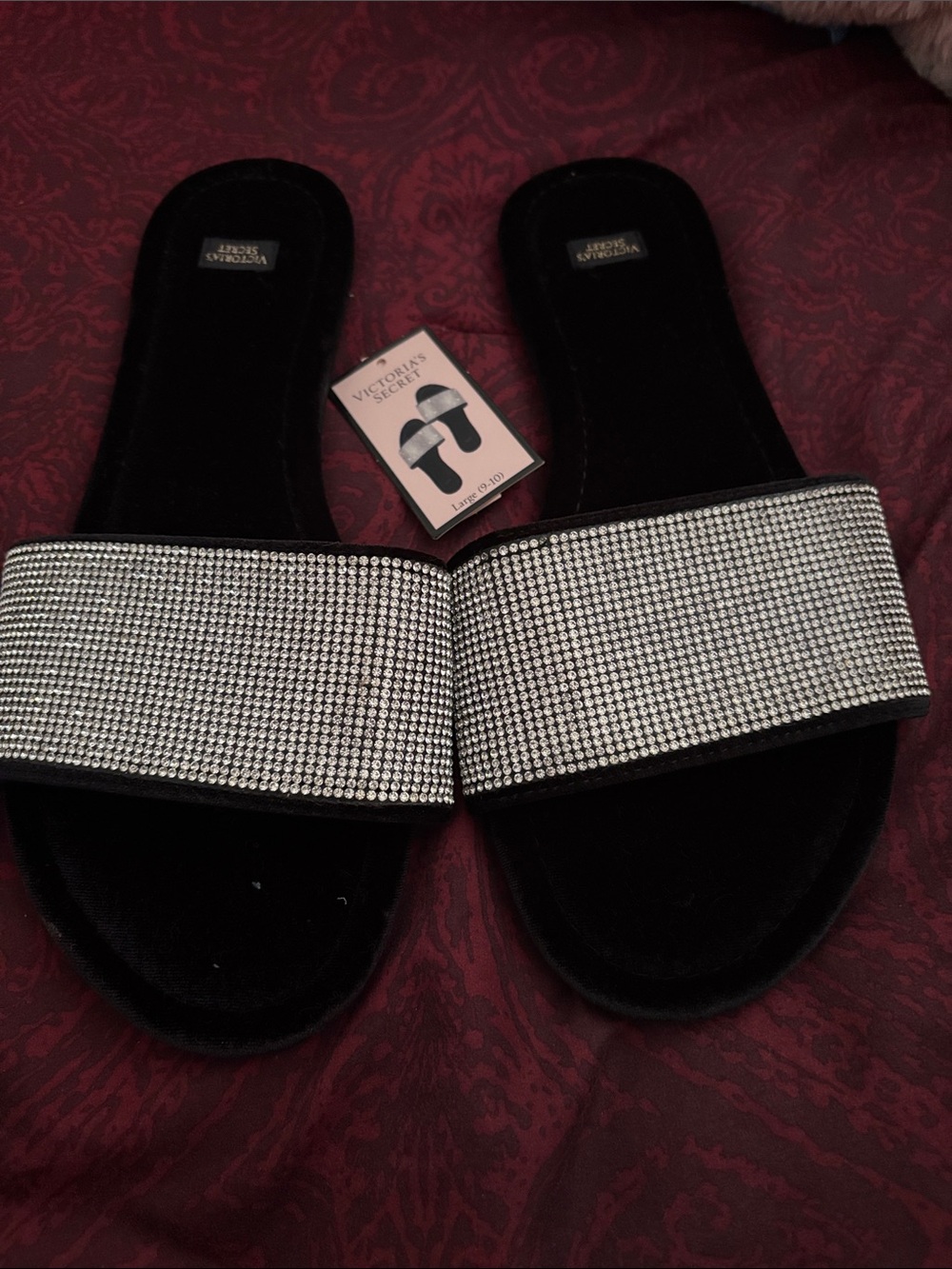 BNWT Victoria's Secret Black Slippers with Silver Crystal Band
